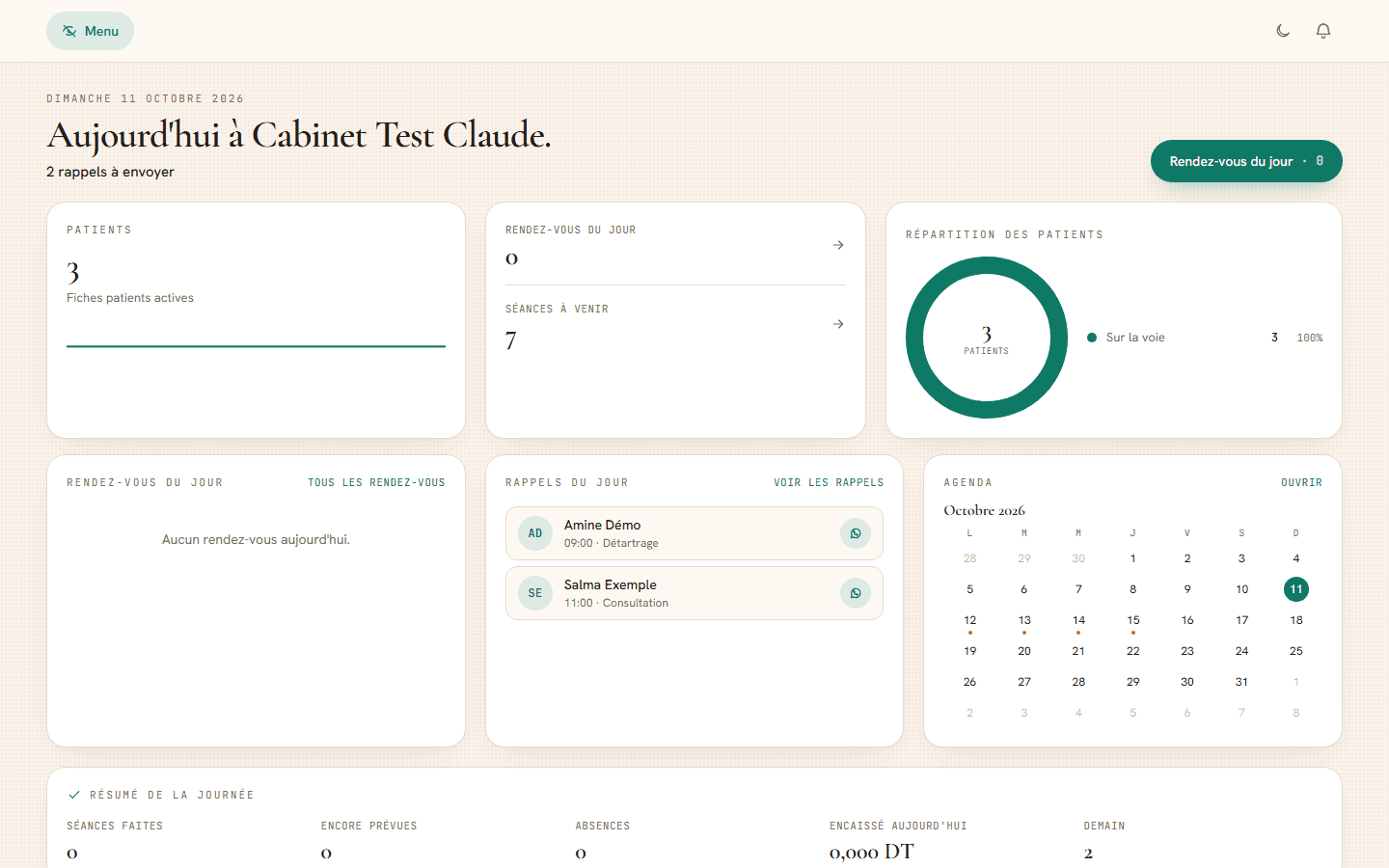 Tbibia dashboard showing today's appointments, reminders and agenda