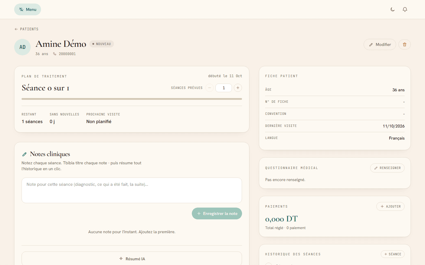 Patient file with treatment plan, clinical notes and AI summary